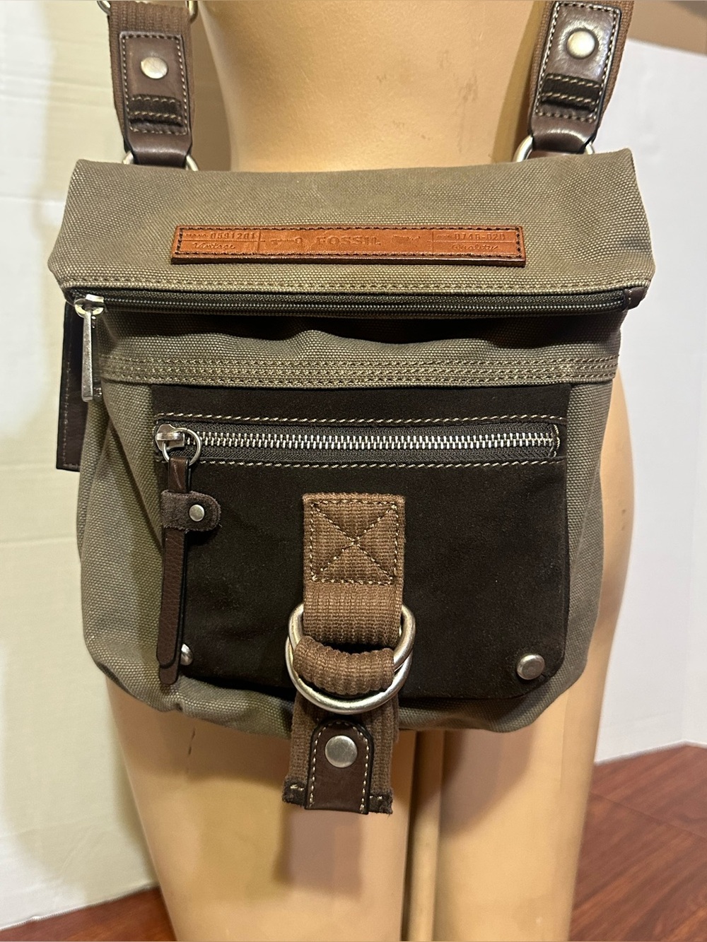 Vintage Fossil Crossbody Bag Military Green Leather Accents